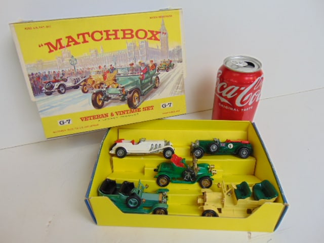 Matchbox Veteran & Vintage Set, in original box, contains 5 cars, box is 8 1/8" by 5 6/8" by 2" (1 of 6)
