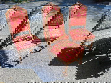 Set 4 carved & upholstered chairs, stretcher base, chairs need restoration, loose frames