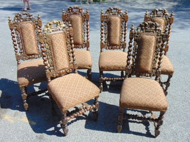 Set 6 carved & upholstered chairs with spiral columns, chairs are partially restored, 41.75" tall