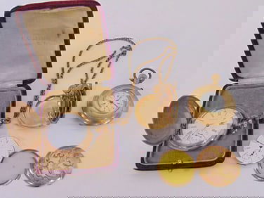 Jewelry. (3) Pocket Watches GF Waltham/ watch chain GF; Elgin GF tri color; Lady Racine JG, all as