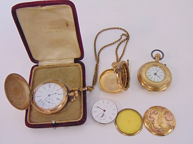 Jewelry. (3) Pocket Watches GF Waltham/ watch chain GF; Elgin GF tri color; Lady Racine JG, all as (1 of 3)