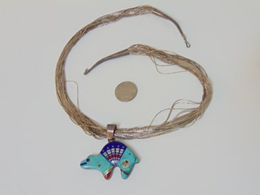 Jewelry. Sterling Native American inlaid pendant w/ sterling liquid silver chain, inlaid w/
