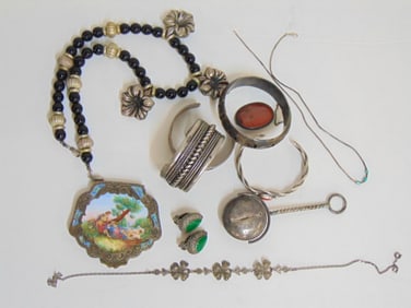 Jewelry. Sterling collection to include over 6 troy oz, cuff w/ braid design & hallmarks; bangle w/