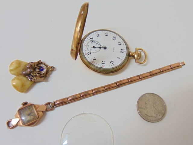 Jewelry. Collection of Gold to include 14kt Elgin pocket watch 50 grams w/o plastic face; BPOE, Elks (1 of 4)