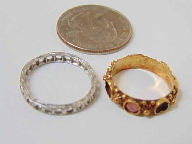 Jewelry. (2) Rings/bands Platinum & Gold to include an eternity band missing all the diamonds, 2.54: Jewelry. (2) Rings/bands Platinum & Gold to include an eternity band missing all the diamonds, 2.54 grams, size 8 & 18kt gold band, hallmark 750, w/ touchmarks, 3 grams, size 6, missing 3 stones.