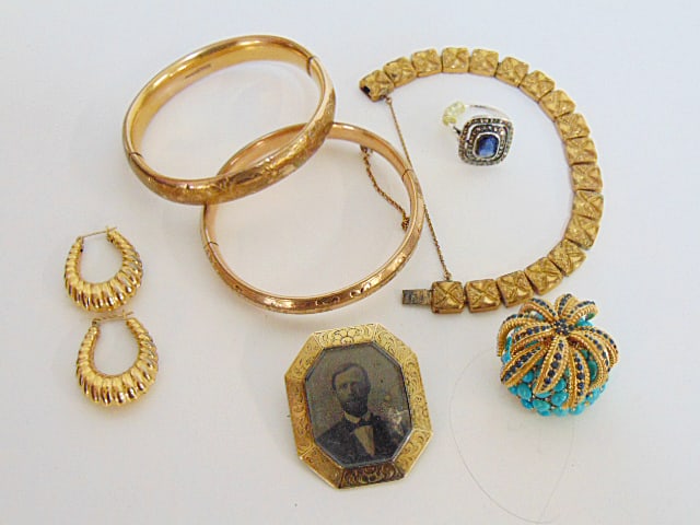 Jewelry. Vintage Gold Filled bangles & vintage marcasite ring w/ blue stone w/ chip, size 7, gold (1 of 5)