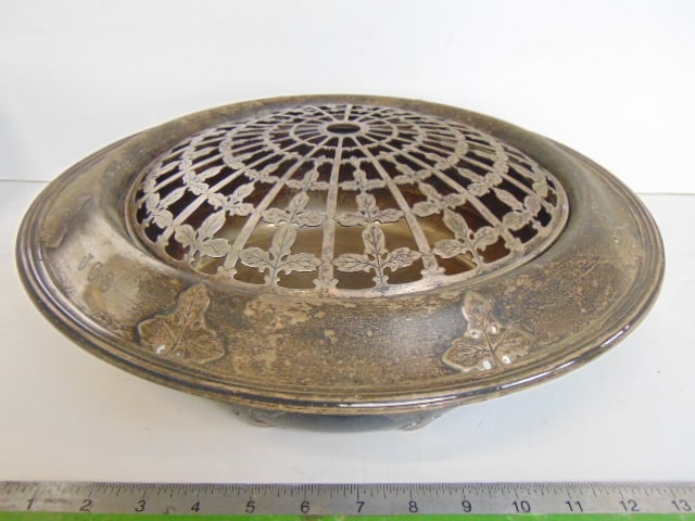 Tiffany sterling silver bowl with reticulated lid, Ivy Pattern, 71.5 troy, 14" diameter, height is (1 of 7)