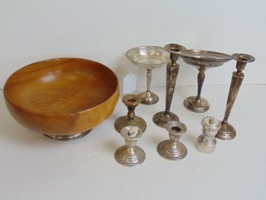 Lot weighted sterling, candle holders, sticks, tazza, wood bowl with sterling rim