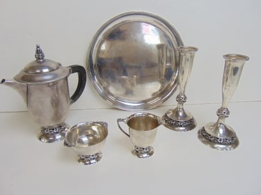 Sterling silver tea set, pair candlesticks & tray, 66.5 troy, tray is 12" in diameter, candle sticks