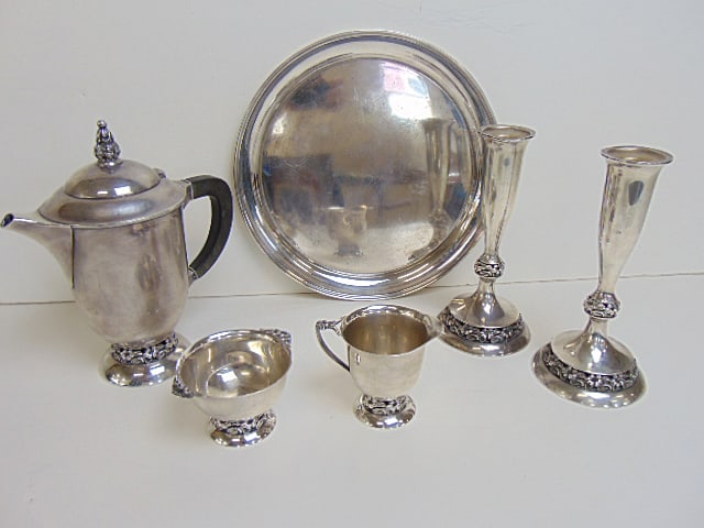 Sterling silver tea set, pair candlesticks & tray, 66.5 troy, tray is 12" in diameter, candle sticks (1 of 6)