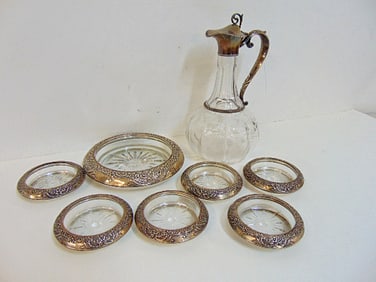 Glass wine coasters & carafe with silver rim, handle, includes 6 wine glass coasters & one large