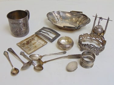 Lot sterling silver hollowware, small bowl, pin, spoons, cup, more, 12 troy