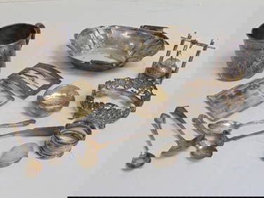 Lot sterling silver hollowware, small bowl, pin, spoons, cup, more, 12 troy (1 of 4)