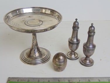 Tiffany sterling lot, Tazza, salt & pepper & egg shaped container, Tiffany Tazza is 6.25" in