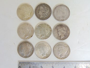 Lot of 9 silver dollars, Morgan & Liberty