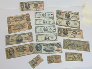 Large lot paper currency, includes fractional currency, confederate currency, 4 $2 bills, silver