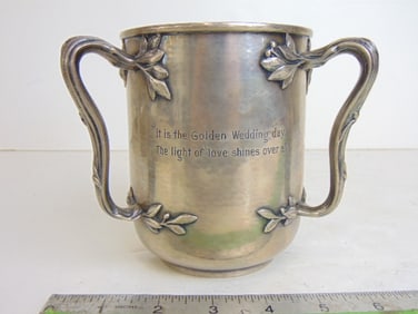 Sterling silver loving cup, engraved "It is the Golden Wedding day, The light of love shines over