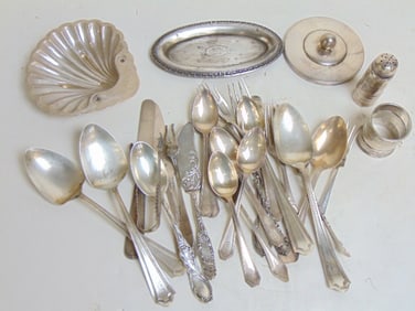 Lot sterling silver, spoons, forks, shell dish, napkin ring, 30 troy