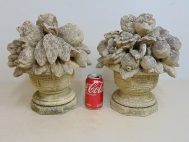 Pair decorative cement garden decoration, finials, fruit, floral baskets, height is 13.75"