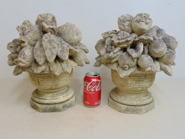Pair decorative cement garden decoration, finials, fruit, floral baskets, height is 13.75" (1 of 4)