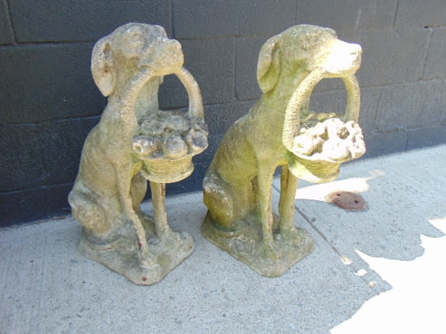 Pair cement dogs with flower baskets, dogs are 24" tall losses to one: Pair cement dogs with flower baskets, dogs are 24" tall losses to one