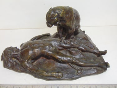 Native American bronze, signed Lanfranchi (,Lampiero), Native American figure mauled by Jaguar /