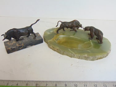Bronze onyx desk tray with bronze bear & bull plus small bull bronze, onyx tray is 10 3/8" by 6.5",