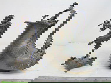 2 Grand Tour bronzes, drinking vessel & Pan figure, drinking vessel decorated with rams, putti,