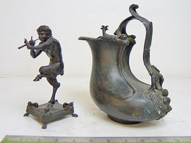 2 Grand Tour bronzes, drinking vessel & Pan figure, drinking vessel decorated with rams, putti, (1 of 8)
