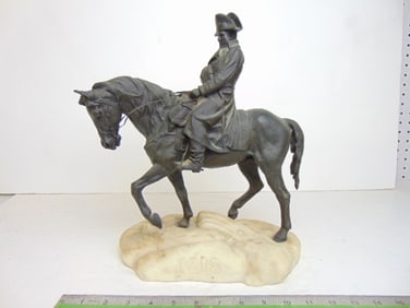 Bronze, Napoleon on horseback, on carved marble base, signed Corall (?), "1813" carved front marble,