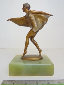 Art deco figural bronze on onyx base, lady in dress, base is 4.75" by 3 7/8", height is 8.25"