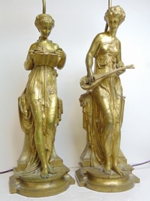 Pair bronze figural table lamps, signed Paul Dubois, women in classical dress, no shades, total