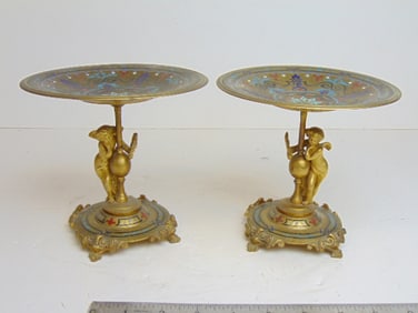 Pair brass figural base enameled Tazza's, diameter is 6", height is 5 7/8"