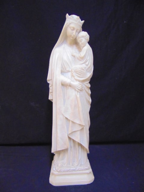 Carved marble figure of virgin Mary with child, unsigned, height is 25.25", base is 7" by 7" (sits: Carved marble figure of virgin Mary with child, unsigned, height is 25.25", base is 7" by 7" (sits loose on base)