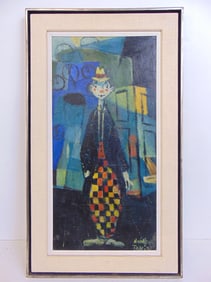 Painting, Clown, signed Nicholas Takis, oil on paper, 28 7/8" by 16.75", note, has horizontal cut at