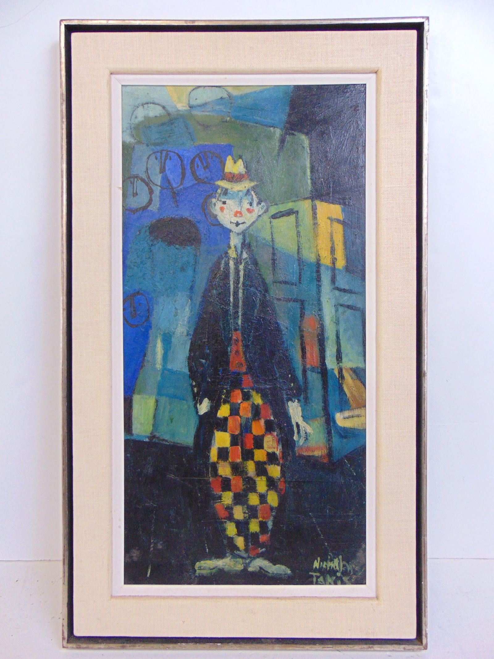 Painting, Clown, signed Nicholas Takis, oil on paper, 28 7/8" by 16.75", note, has horizontal cut at: Painting, Clown, signed Nicholas Takis, oil on paper, 28 7/8" by 16.75", note, has horizontal cut at knee level.
