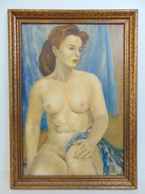 Painting, "Redhead Nude", signed Xavier Barile, oil on Masonite, NYC 1943, 27.25" by 19.5"