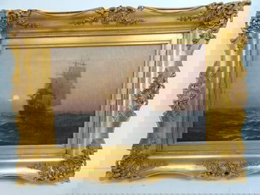 Painting, sail ship on moonlit seas, signed J.J.McAuliffe (James), oil on canvas, gilt framed, 20"