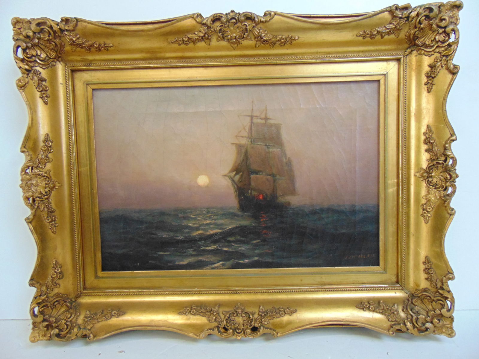 Painting, sail ship on moonlit seas, signed J.J.McAuliffe (James), oil on canvas, gilt framed, 20" (1 of 4)