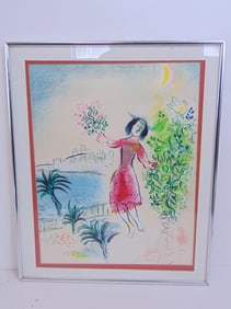 Print, Bay of Nice, by Marc Chagall, numbered 40/750, "Ch. Sorlier Grav. in lower left corner,