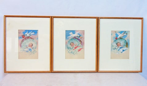 3 watercolors, signed "F" (Karl Feiertag ?), baby's with doves, actual art is 10.5" by 7", framed