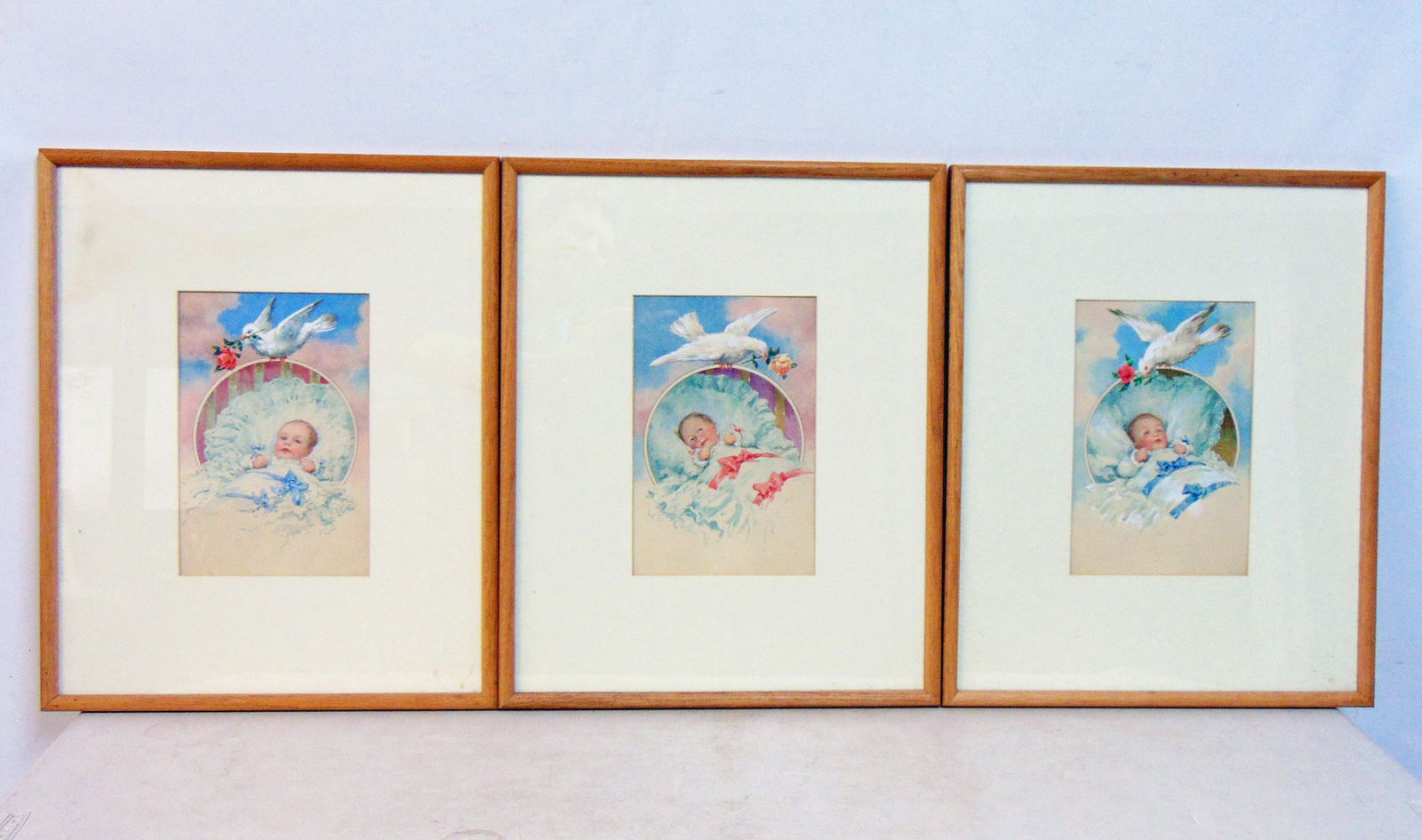 3 watercolors, signed "F" (Karl Feiertag ?), baby's with doves, actual art is 10.5" by 7", framed (1 of 7)
