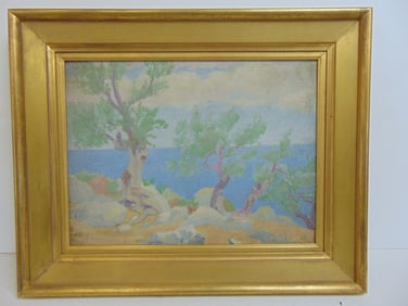 Painting, trees overlooking blue lake, ocean, signed with monogram, in gilt frame, 18.25" by 22