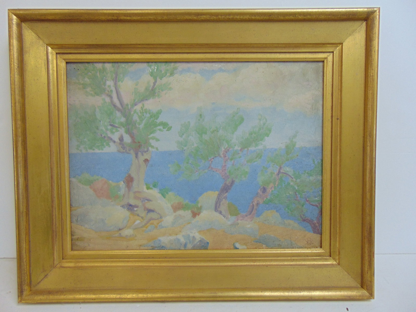 Painting, trees overlooking blue lake, ocean, signed with monogram, in gilt frame, 18.25" by 22 (1 of 4)