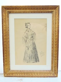 Ink drawing, full portrait lady in dress, signed Louis Mora, Madrid, '96, 14 1/8" by 11 1/8"