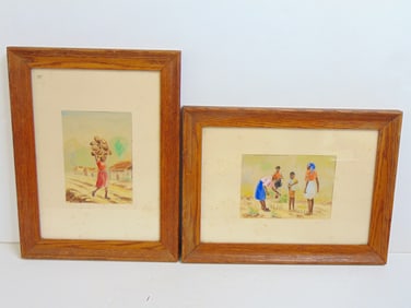2 Haitian Watercolors, by Raoul Dupoux, woman carrying bags on her head & figures by large fruit