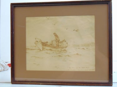 Drawing, figure in small boat, signed Jack L. Gray, July 1937, "to Mrs. Leslie Wentzell, 13.75" by