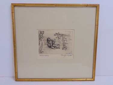 Etching, "Woman Suffering, signed Philip Evergood, 4.5" by 6.25" plate, frame 14.5" by 15.5"