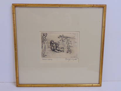 Etching, "Woman Suffering, signed Philip Evergood, 4.5" by 6.25" plate, frame 14.5" by 15.5": Etching, "Woman Suffering, signed Philip Evergood, 4.5" by 6.25" plate, frame 14.5" by 15.5"