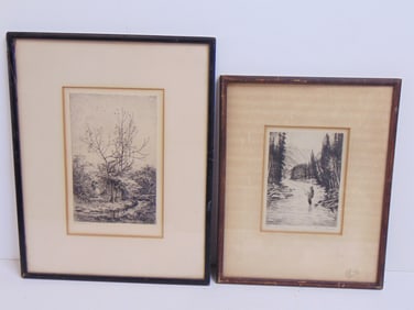 2 etchings, Hans Kleiber & Charles Fran?ois Daubigny, "Fishing ", 12" by 9.5" & 3 figures in woods,